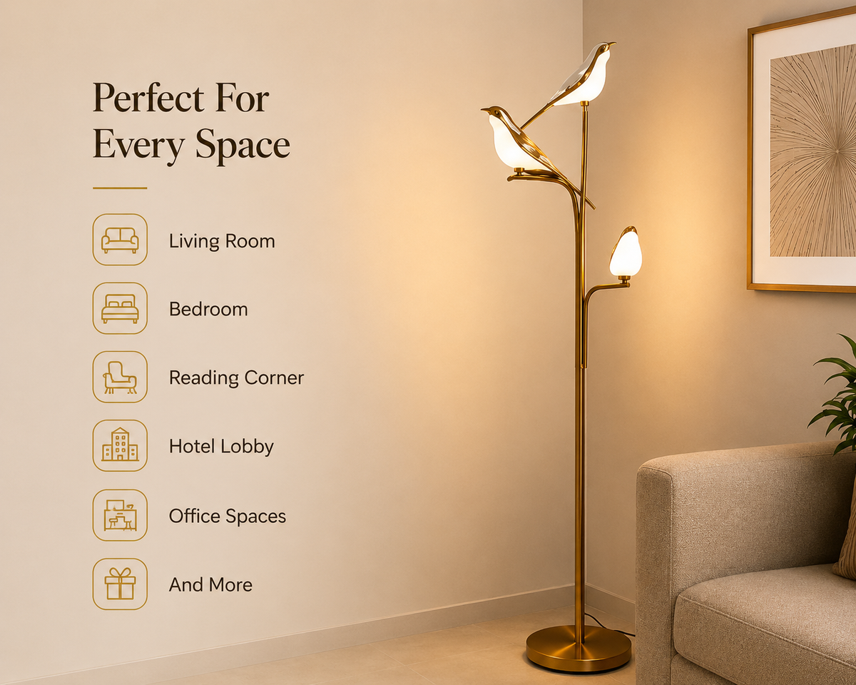 Golden Bird Floor Lamp with Warm LED Lights | Decorative Metal Standing Lamp