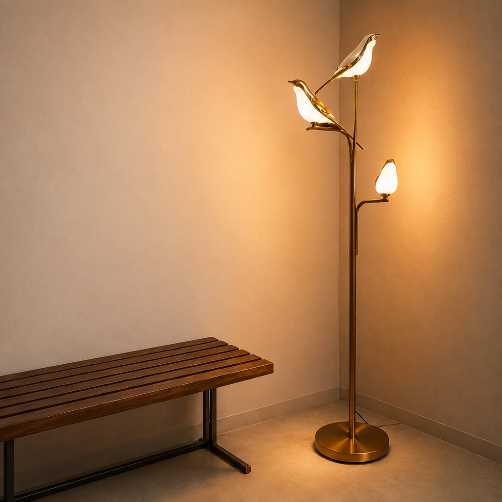 Golden Bird Floor Lamp with Warm LED Lights | Decorative Metal Standing Lamp