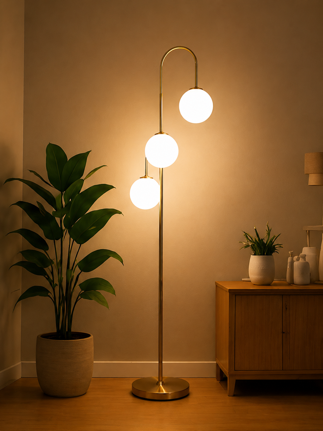 Modern 3-Light Gold Floor Lamp with Frosted Glass Globe Shades