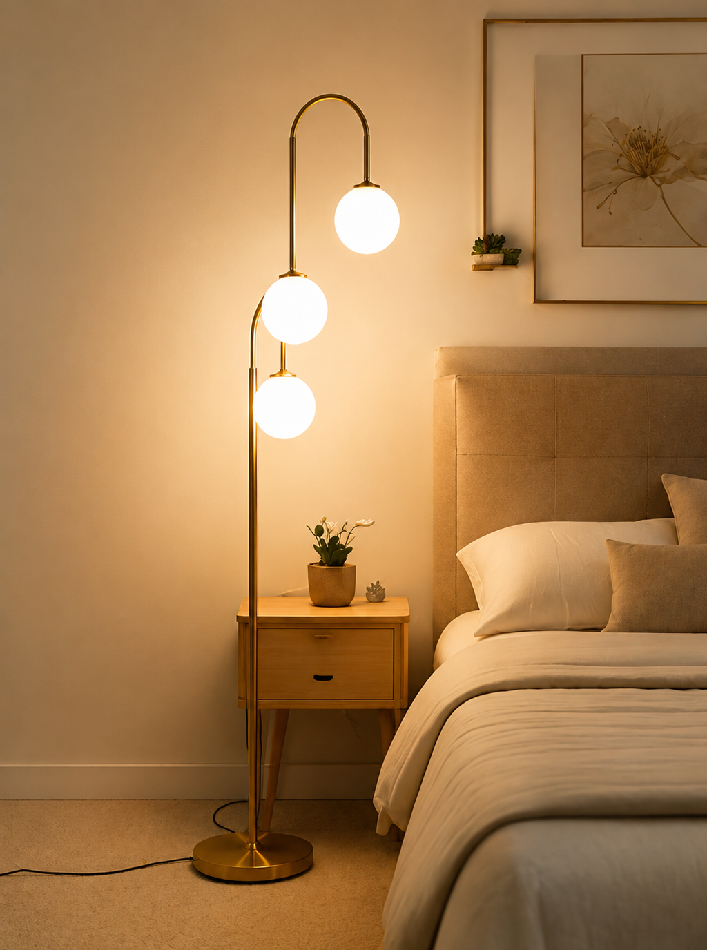 Modern 3-Light Gold Floor Lamp with Frosted Glass Globe Shades