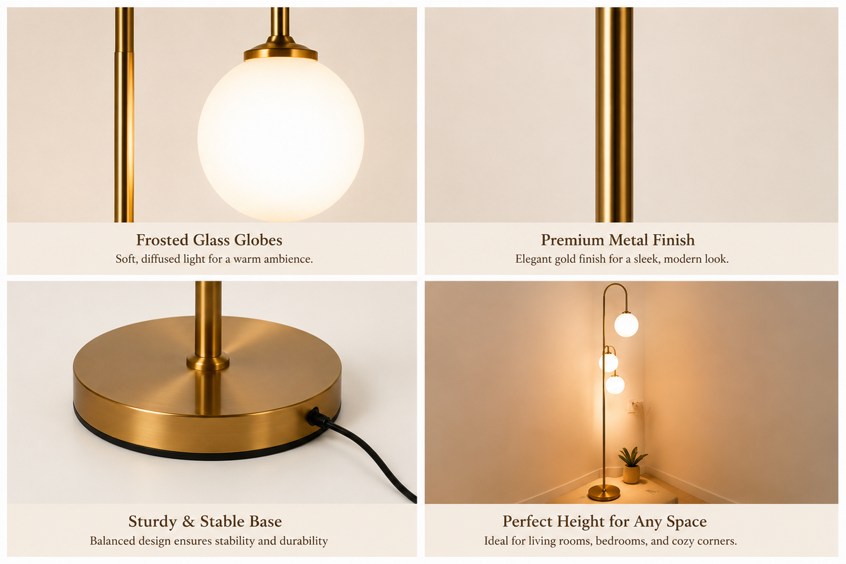 Modern 3-Light Gold Floor Lamp with Frosted Glass Globe Shades