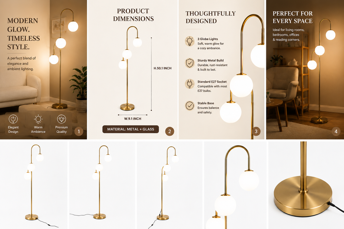 Modern 3-Light Gold Floor Lamp with Frosted Glass Globe Shades