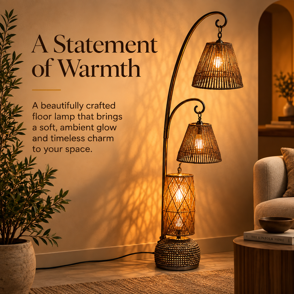 Three-Light Arc Floor Lamp with Woven Shades