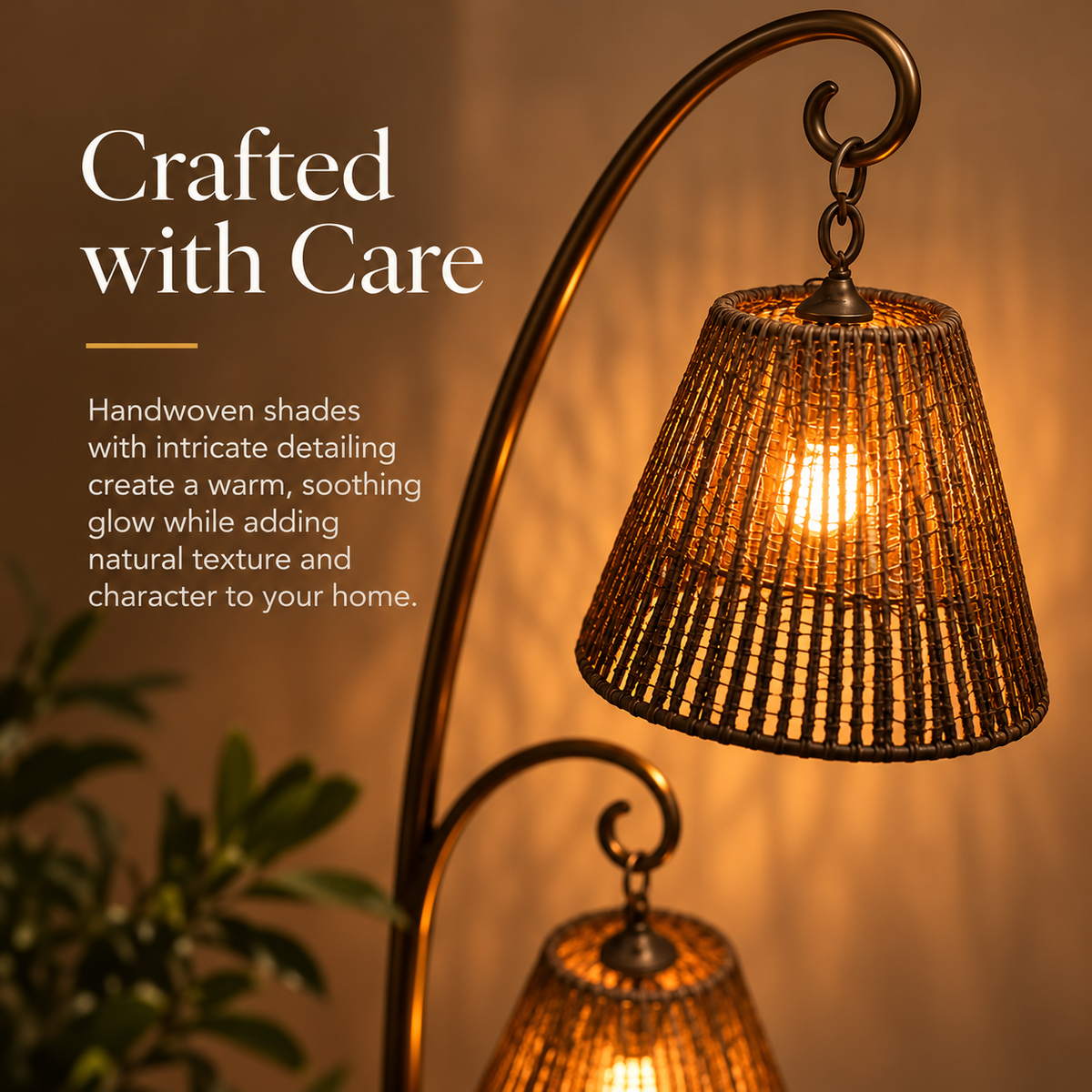 Three-Light Arc Floor Lamp with Woven Shades