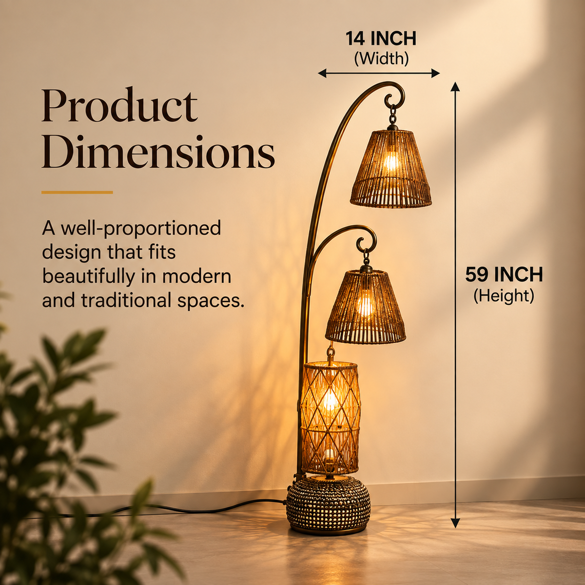 Three-Light Arc Floor Lamp with Woven Shades