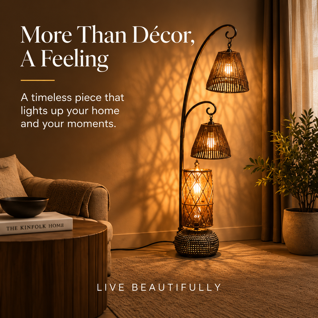 Three-Light Arc Floor Lamp with Woven Shades