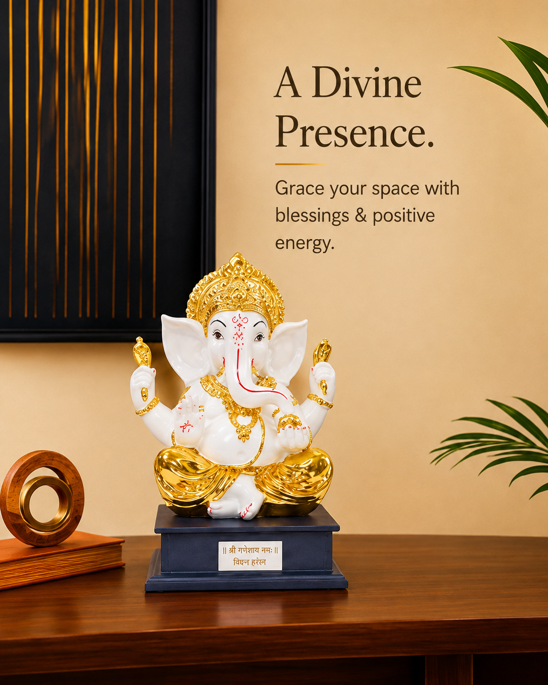 Divine Ganesha Gold & Ivory Idol with Mantra Base