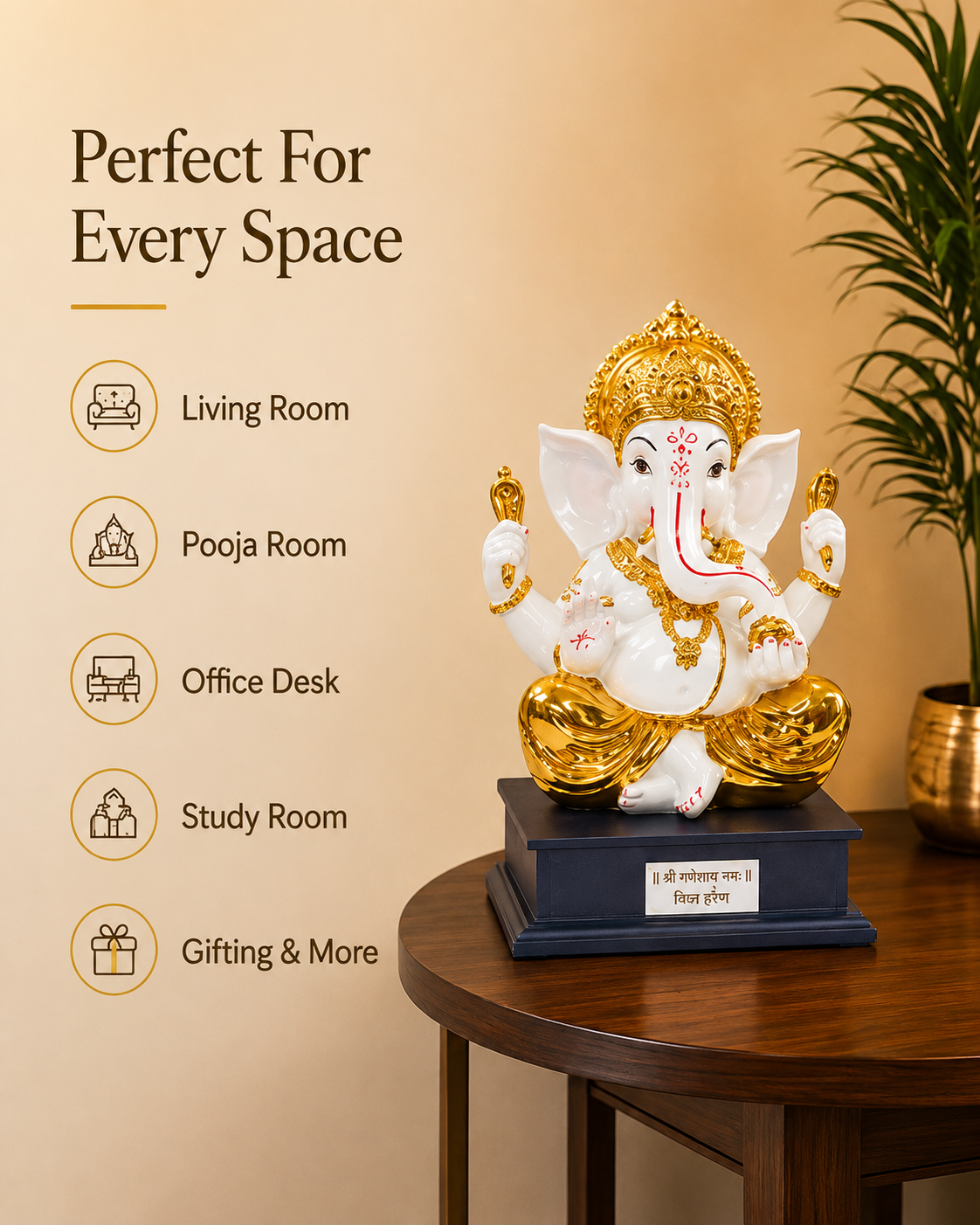Divine Ganesha Gold & Ivory Idol with Mantra Base
