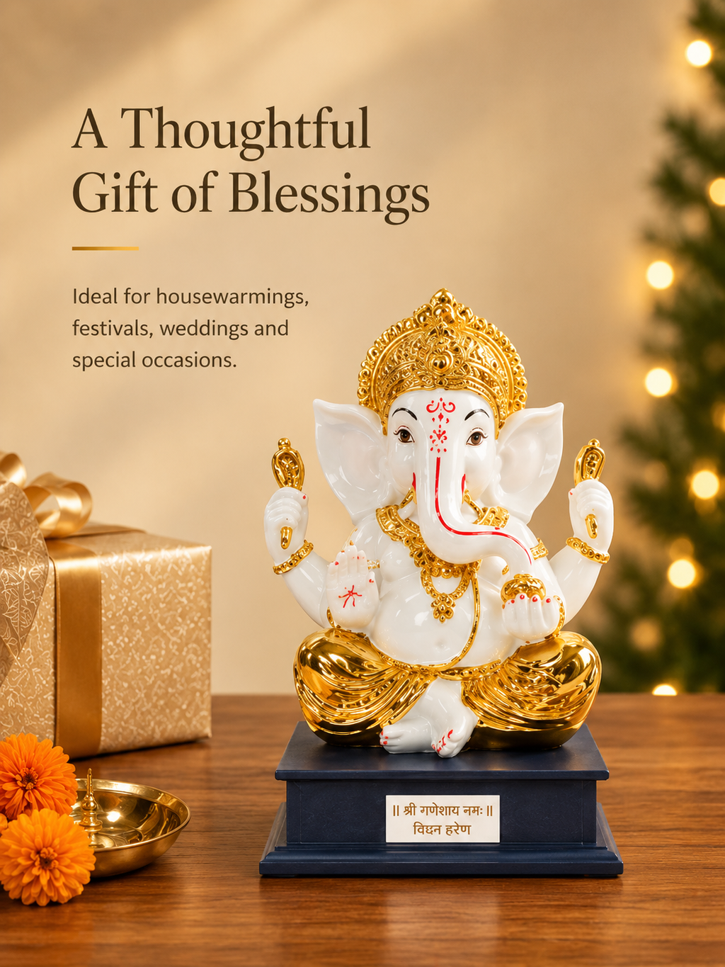 Divine Ganesha Gold & Ivory Idol with Mantra Base