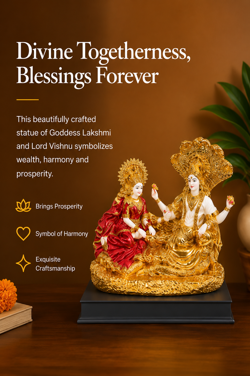 Lakshmi Vishnu Divine Harmony Idol – Premium Gold & Red Décor Statue