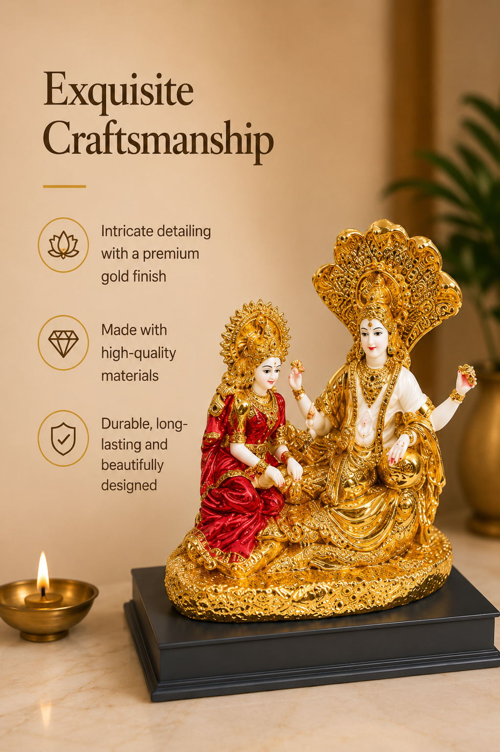 Lakshmi Vishnu Divine Harmony Idol – Premium Gold & Red Décor Statue