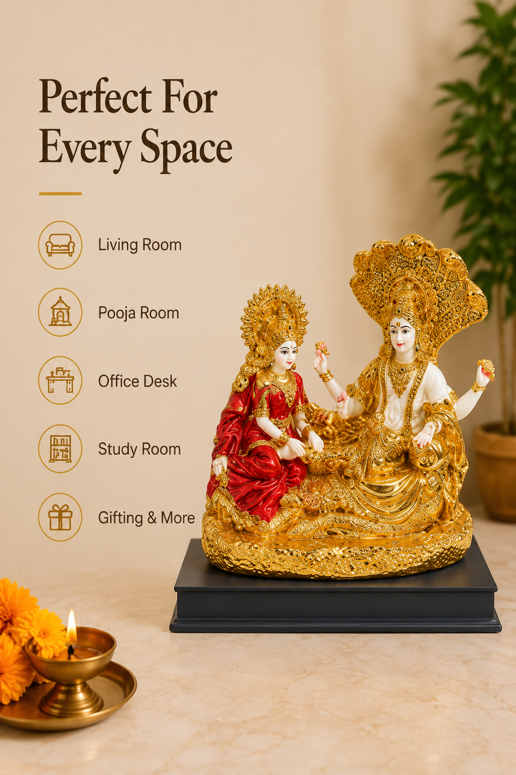 Lakshmi Vishnu Divine Harmony Idol – Premium Gold & Red Décor Statue