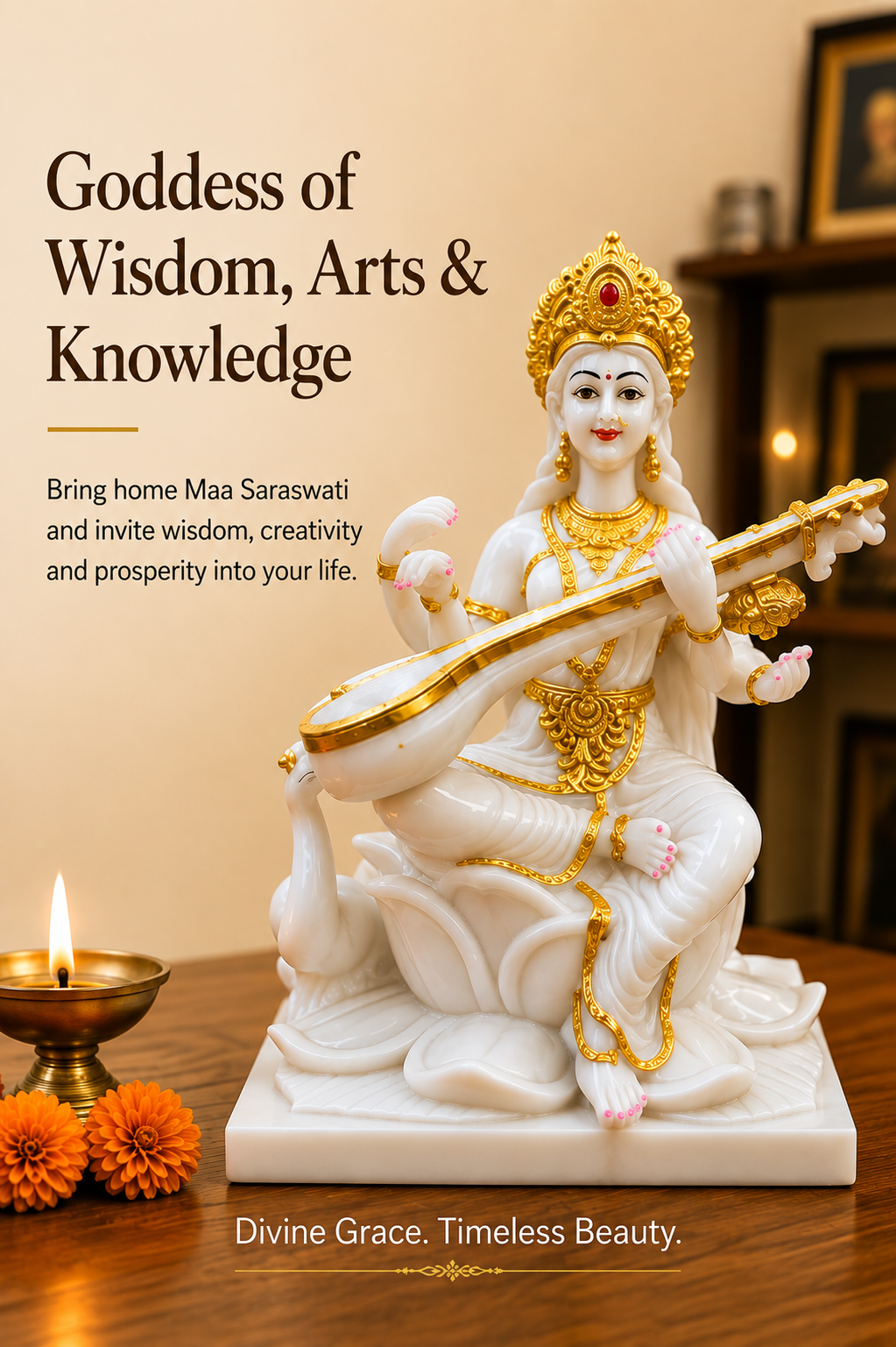 Maa Saraswati Idol – Premium White & Gold Goddess of Wisdom Statue