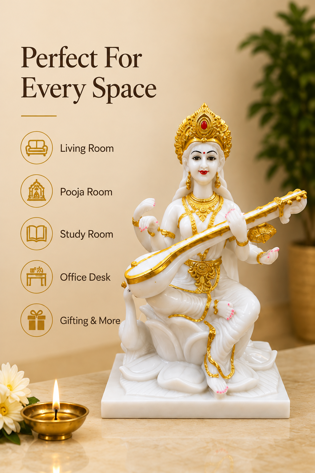 Maa Saraswati Idol – Premium White & Gold Goddess of Wisdom Statue