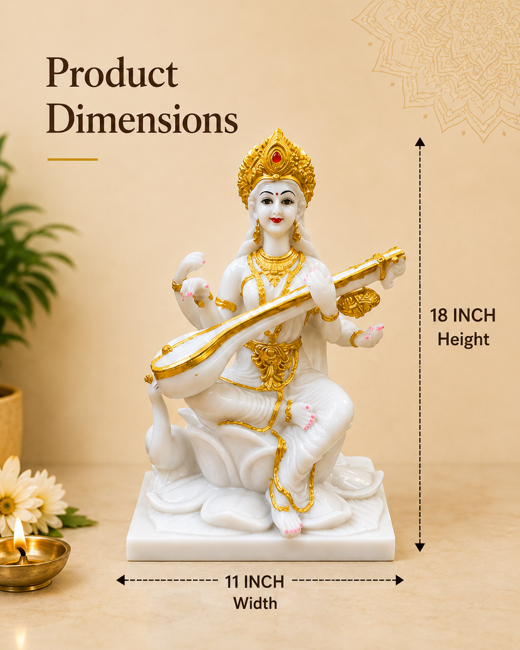 Maa Saraswati Idol – Premium White & Gold Goddess of Wisdom Statue