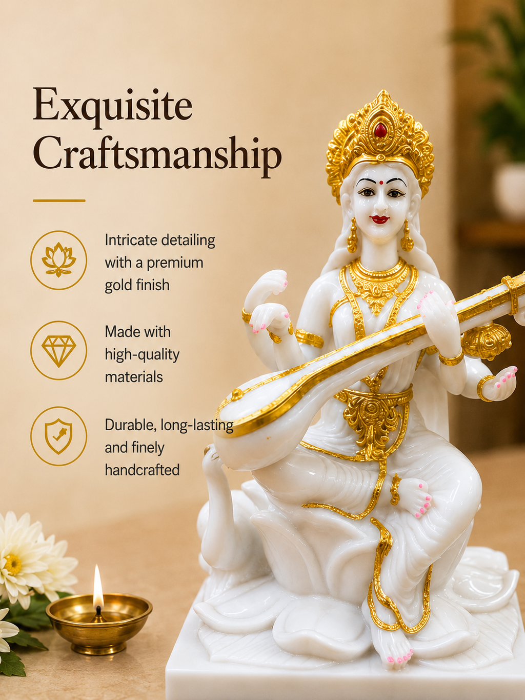 Maa Saraswati Idol – Premium White & Gold Goddess of Wisdom Statue