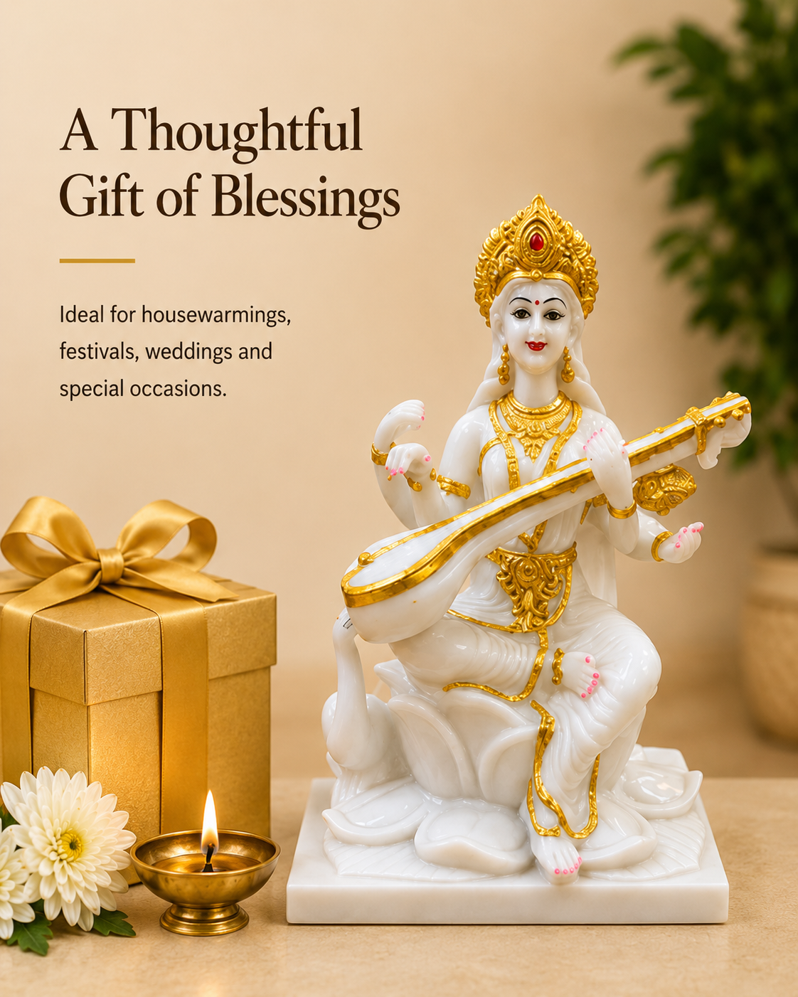 Maa Saraswati Idol – Premium White & Gold Goddess of Wisdom Statue