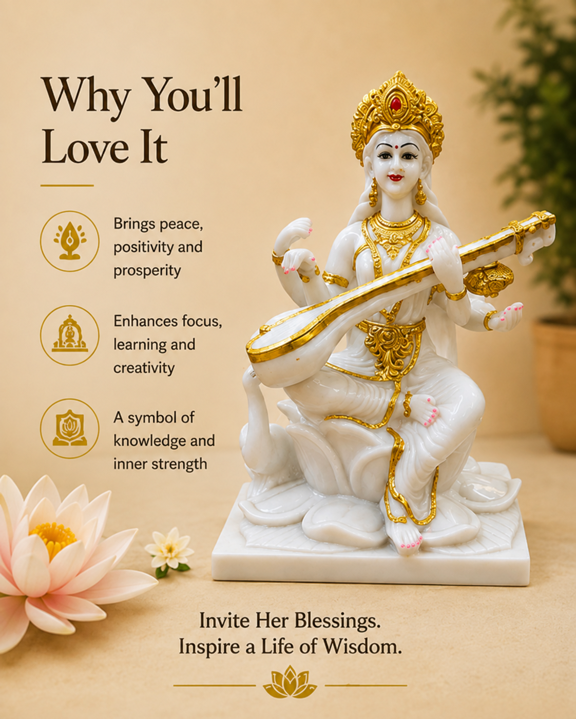 Maa Saraswati Idol – Premium White & Gold Goddess of Wisdom Statue