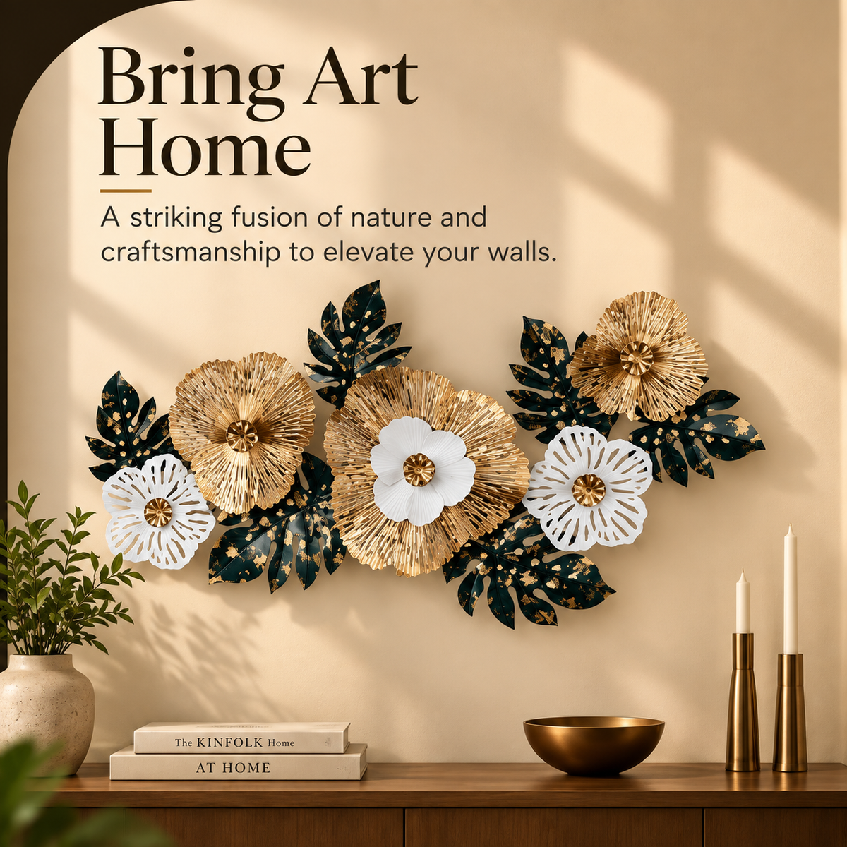 Botanical Bloom Metal Wall Décor – Gold, Ivory & Emerald