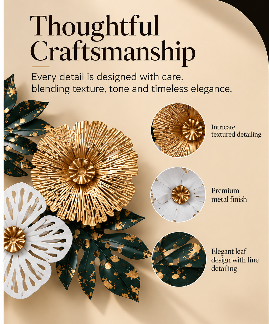Botanical Bloom Metal Wall Décor – Gold, Ivory & Emerald