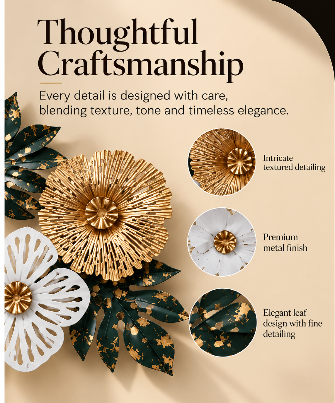 Botanical Bloom Metal Wall Décor – Gold, Ivory & Emerald