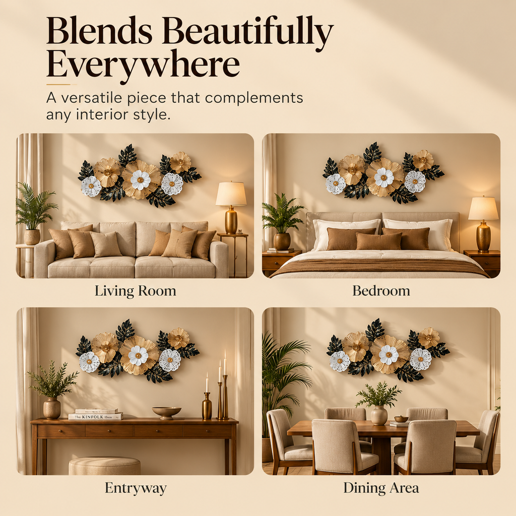 Botanical Bloom Metal Wall Décor – Gold, Ivory & Emerald
