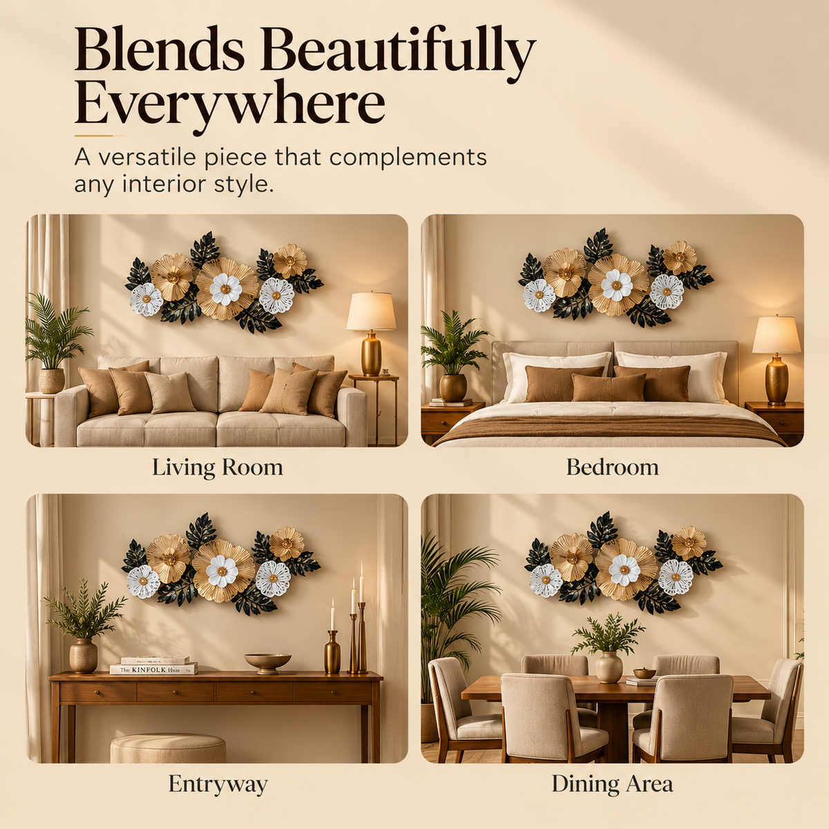 Botanical Bloom Metal Wall Décor – Gold, Ivory & Emerald