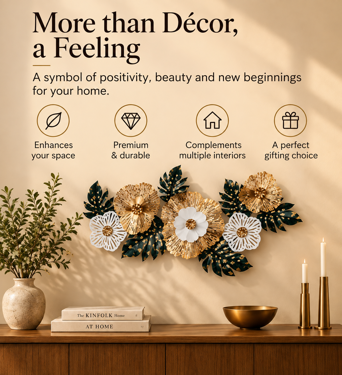 Botanical Bloom Metal Wall Décor – Gold, Ivory & Emerald
