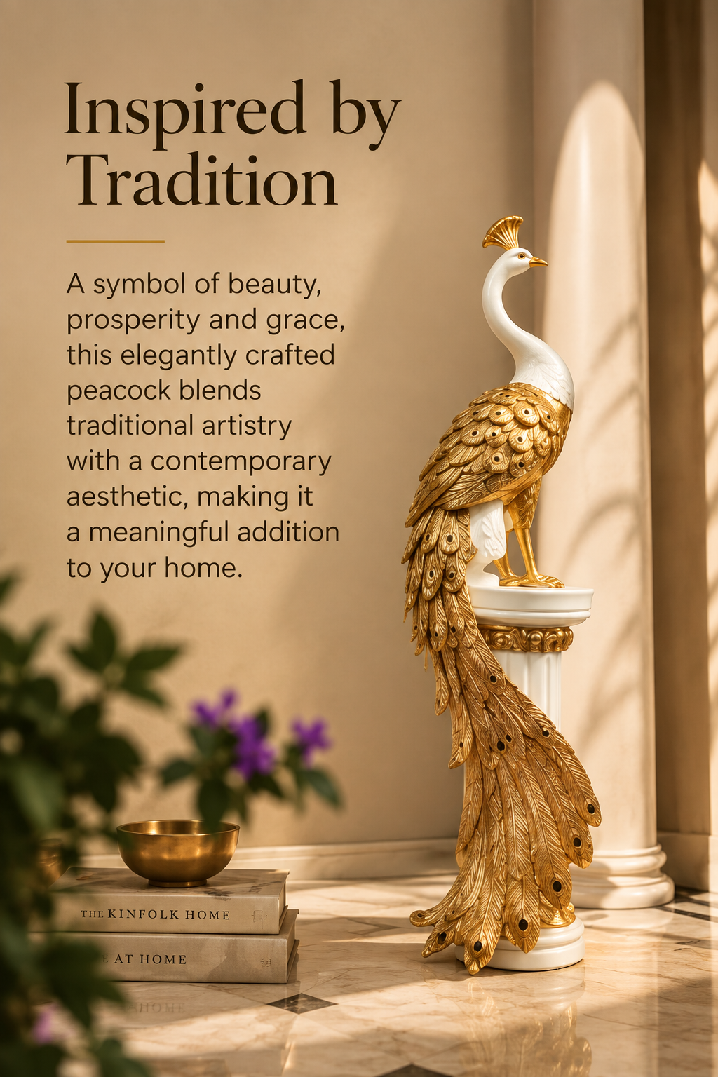 Mayura Royal Gold & Ivory Peacock Floor Sculpture