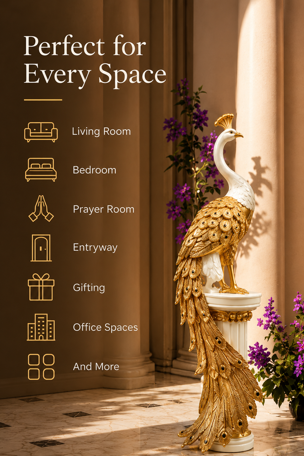 Mayura Royal Gold & Ivory Peacock Floor Sculpture