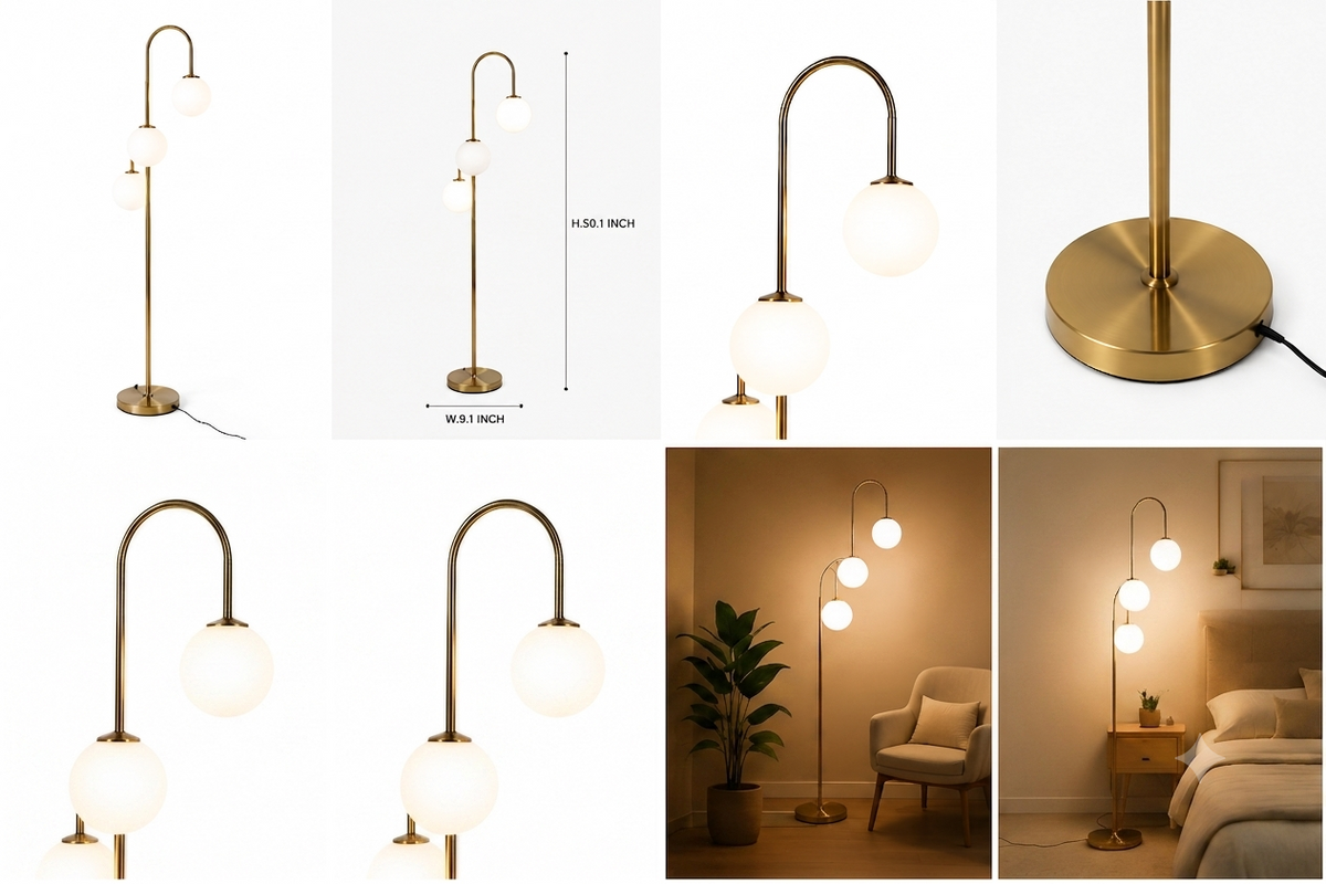 Modern 3-Light Gold Floor Lamp with Frosted Glass Globe Shades