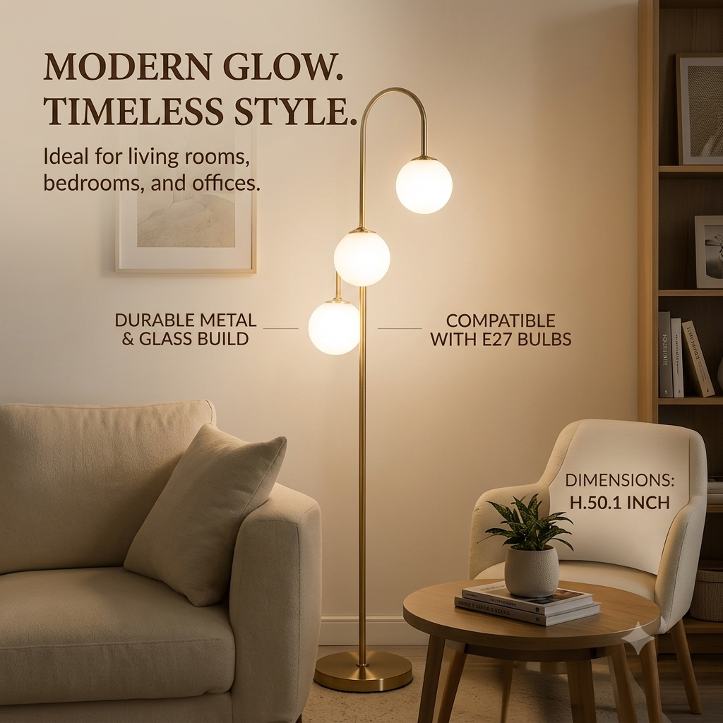 Modern 3-Light Gold Floor Lamp with Frosted Glass Globe Shades