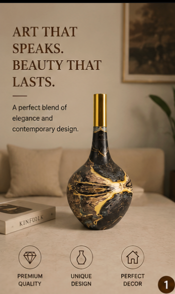Luxury Black & Gold Marble Decorative Vase – Modern Ceramic Flower Vase