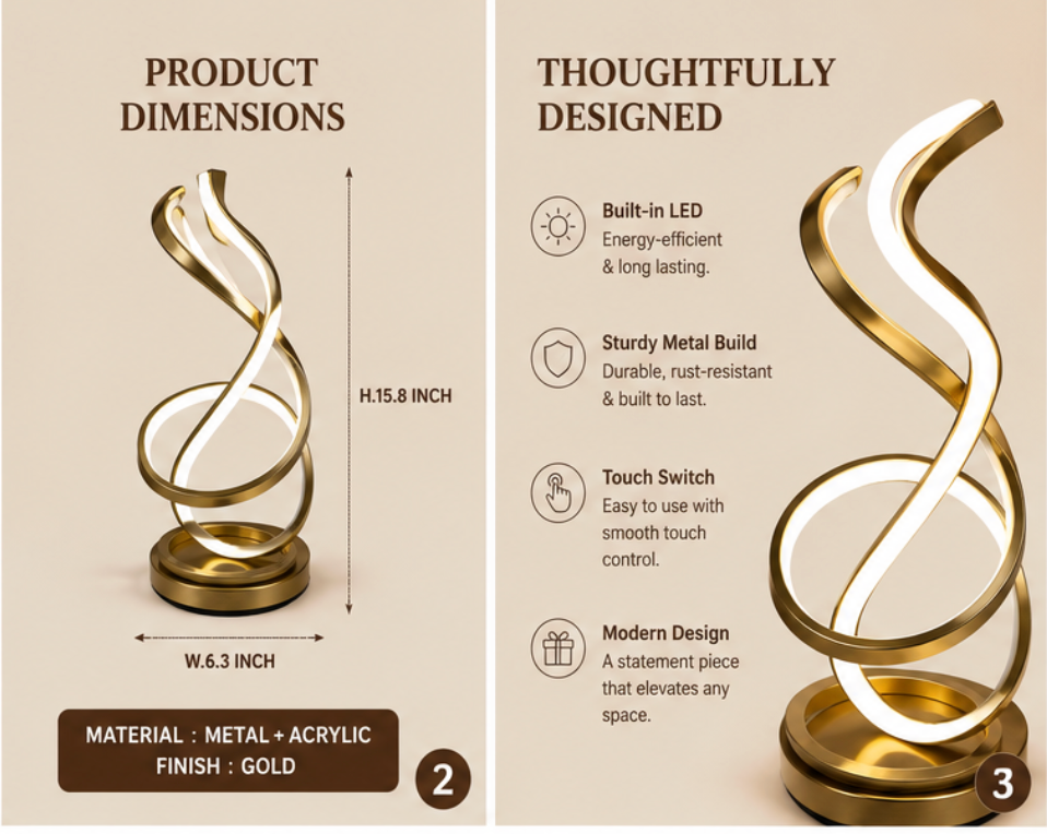 Modern Spiral LED Table Lamp – Gold Minimalist Decorative Desk & Bedside Lamp