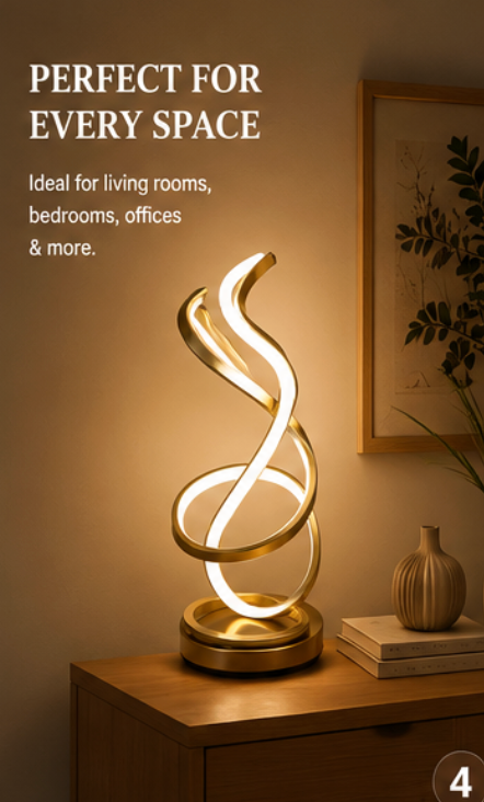 Modern Spiral LED Table Lamp – Gold Minimalist Decorative Desk & Bedside Lamp