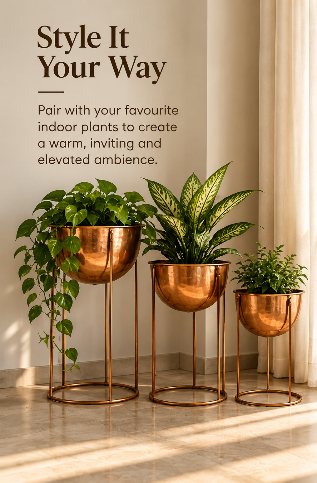 Set of 3 Elevated Planters with Stands – Warm Metallic Finish